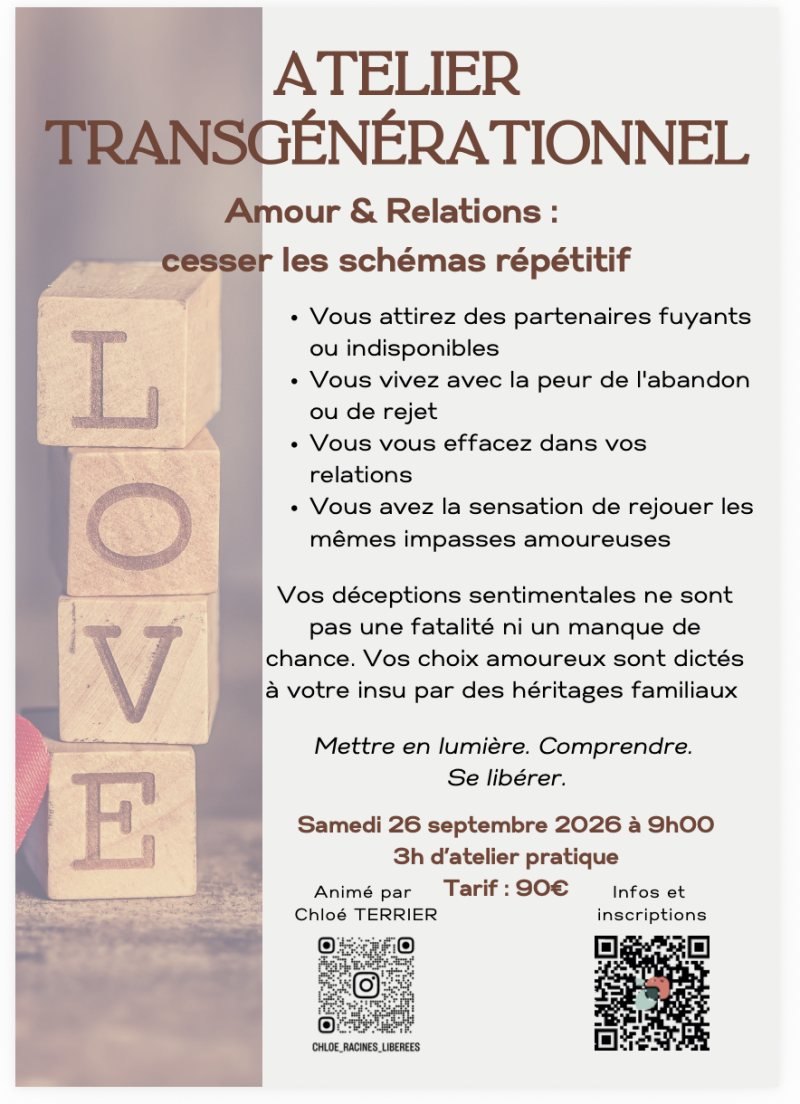 Atelier transgénérationnel, amour et relations — infos et inscription